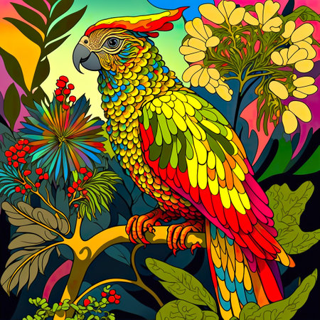 Ara parrot in 60s psychedelic style, central composition, decorative fantastic bird on vibrant, bold abstract jungle, psychedelic background. AI generative art, AI generated illustration.の素材