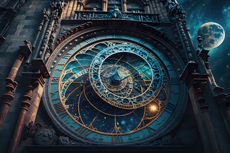 Astronomical clock from Prague as portal opening into space, midnight sky full of stars, signs of zodiac, galaxies and planets. AI generative.の素材