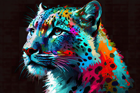 Snow leopard, close-up on head and eyes, realistic, vibrant colors on black background, AI generativeの素材