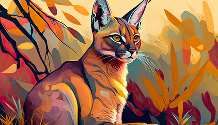 Wild African caracal cat, bright vibrant colors, close-up on the head, AI generativeの素材