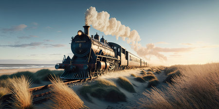 Historic steam train on sea shore with grass and dunes, AI generativeの素材
