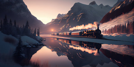 Historic steam train in winter mountains under snow on sunset reflected in lake. Panoramic banner, AI generative panoramaの素材