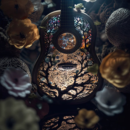 Acoustic guitar grown into enchanted forest. Roots and branches cover guitars body. Ethereal magic atmosphere with intricate organic shapes and lights. AI generative art, illustration generated by AIの素材
