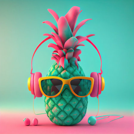 Ripe pineapple with headphones and sunglasses listens to pop music. Pastel colors.Vibrant mint green, magenta and pink colors. AI generative illustration, image generated by AI.の素材
