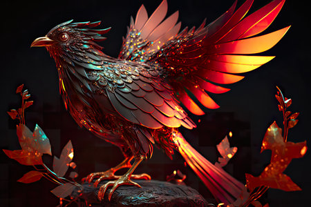 Majestic Phoenix Bird among leaves with gold leaf finish, AI Generative illustrationの素材