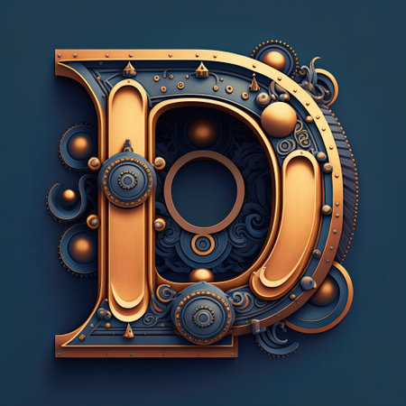 Capital letter D, steampunk alphabet in bronze metal and navy blue, AI generative illustrationの素材