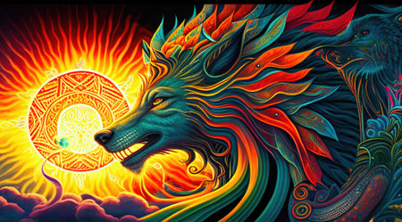 Celestial wolf, vision, protector, spirit, tribal style, imaginary creature, Sun and clouds on background, AI Generative banner illustrationの素材