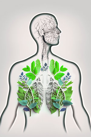 Lungs made of leaves and flowers, green lung, healthy respiratory system, anatomical human silhouette, composite illustration made from AI generative elementsの素材