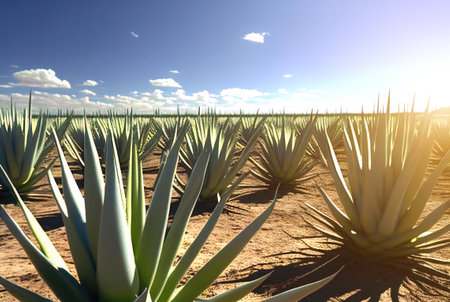 Aloe vera plantation, farm, succulent plants on sandy soil, AI generative art, concept illustration generated by AI.の素材