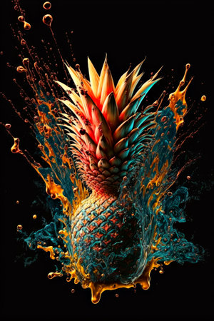 Tasty pineapple, burst of taste represented by vibrant color splashes. AI generative illustration on very dark, black background.の素材