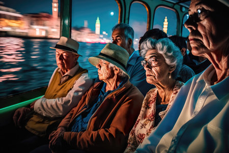 Senior Chinese tourists riding vaporetto transport boat in Venice at night with illuminated buildings, AI Generative.の素材