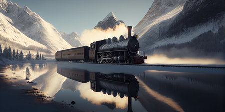 Historic steam train in winter mountains under snow on sunset reflected in lake. Panoramic banner, AI generative panoramaの素材