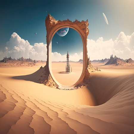 Large surreal frame in the desert, mystical portal into other dimention with rocket and full Moon visible through the frame. Desert aesthetics, misterious abstract scene, retro-futurism, AI generativeの素材