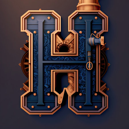 Capital letter H, steampunk alphabet in bronze metal and navy blue colors, AI generative.の素材