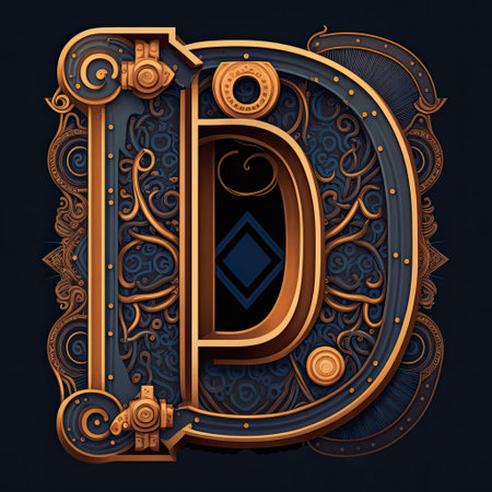 Capital letter D, steampunk alphabet in bronze metal and navy blue colors, AI generative.の素材