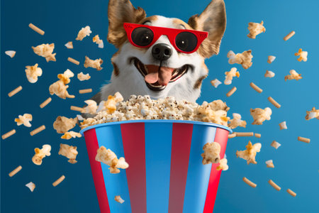 Happy dog in glasses with paper bucket of popcorn on blue background. Kawaii Shiba Inu, Corgi dog in red sunglasses. Popcorn flying around. AI generative.の素材