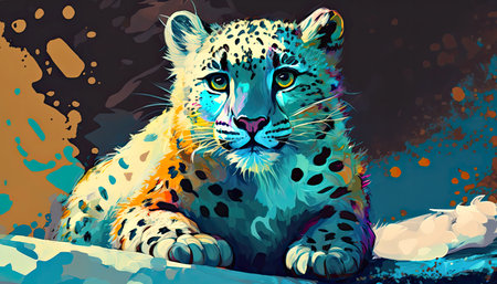 Snow leopard, laying down, realistic, vibrant mint blue and yellow colors on dark background, AI generativeの素材