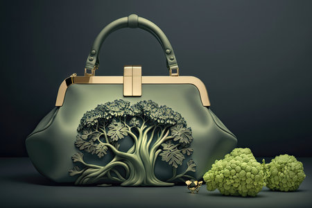 Womenâs handbag, green, cyan color with broccoli vegetable design, luxury design, elegant classical leather bag on dark background, AI generativeの素材