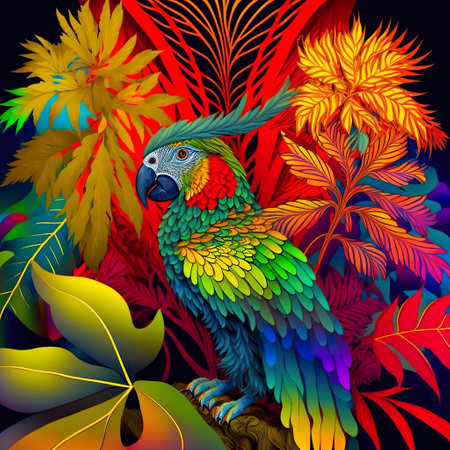 Ara parrot in 60s psychedelic style, central composition, decorative fantastic bird on vibrant, bold abstract jungle, psychedelic background. AI generative art, AI generated illustration.の素材