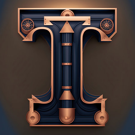 Capital letter T, steampunk alphabet in bronze metal and navy blue colors, AI generative.の素材