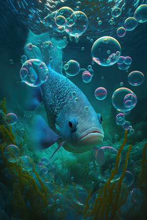 Large fish underwater with bubbles, AI generative illustration in blue and green colorsの素材