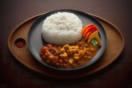 Japanese curry rice dish on dark background, oriental cuisine, AI generativeの素材