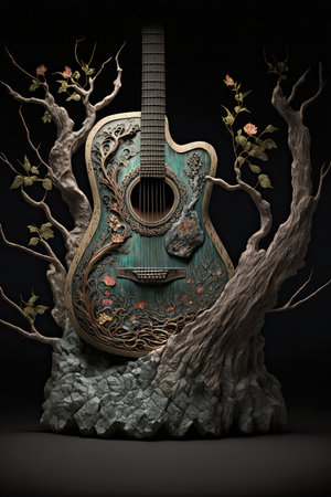 Acoustic guitar grown into enchanted forest. Roots and branches cover guitars body. Ethereal magic atmosphere with intricate organic shapes and lights. AI generative art, illustration generated by AIの素材