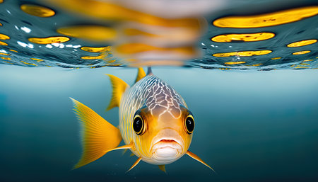 Small fish swimming towards camera underwater, front view, symmetrical composition, AI generativeの素材