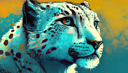 Snow leopard, close-up on head and eyes, realistic, vibrant mint blue and yellow colors, AI generativeの素材