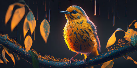 Bright orange canary bird perched on an exotic tree branch in a rain. Panoramic composition perfect for digital banners. AI generative panorama illustration.の素材