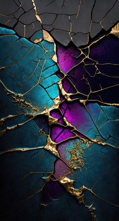 Ceramic Texture Background, Kitsungi Cracks Mended with Gold over Ceramic Surface Abstract Blue and Magenta Pattern Overhead View, AI Generative texture, perfect for social media stories, wallpaper.の素材
