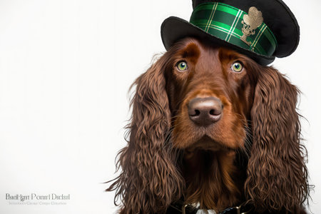 Dog celebrates St. Patrick day. Dog character, irish red setter in green top hat on white background, copy-space, AI generativeの素材