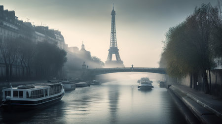 Imaginary view of Paris, Seine riverside in mist, AI generativeの素材