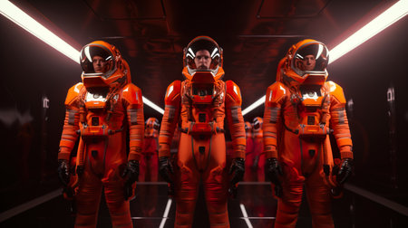 Group of astronauts in orange space suits exploring the unknown, discovering new frontiers, group photo, AI generativeの素材