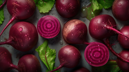Red beet roots, overhead flat lay, top view, AI generativeの素材