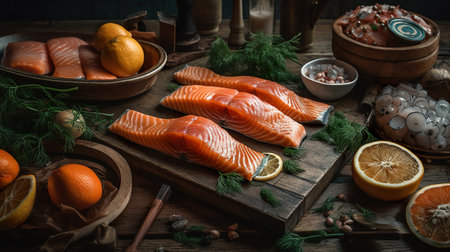 Top view of various salmon fish, dill, lemon slices and onion rings on rustic wooden table, AI generativeの素材