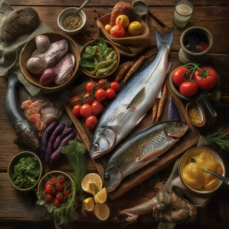 Set of traditional italian fish food on rustic wooden table, flat lay, top view, AI generativeの素材