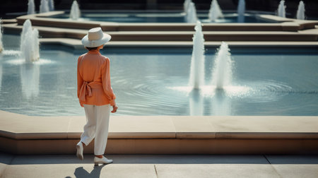 Young woman tourist in a summer outfit and hat is enjoying a leisurely stroll on a town square with fountains, AI generativeの素材