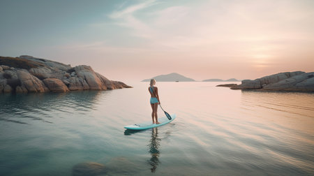 A young woman is enjoying the quiet sea and beautiful sunset while standing on a stand-up paddle board. She is surrounded by calm, glassy waters and warm glow of the setting sun, AI generative.の素材
