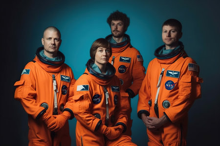 Group of astronauts in orange space suits exploring the unknown, discovering new frontiers, group photo, AI generativeの素材