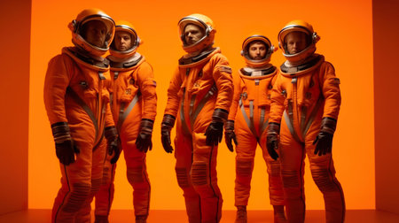 Group of astronauts in orange space suits exploring the unknown, discovering new frontiers, group photo, AI generativeの素材