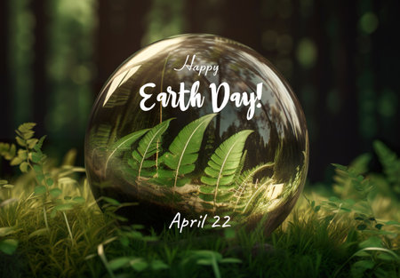 Earth Day April 22, beautiful reflections and magnified distorted leaves and trees in crystal glass ball in magnificent forest, AI generative imageの素材