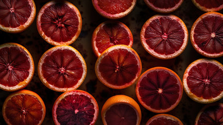 Blood orange slices from above, flat lay, top view, AI generativeの素材