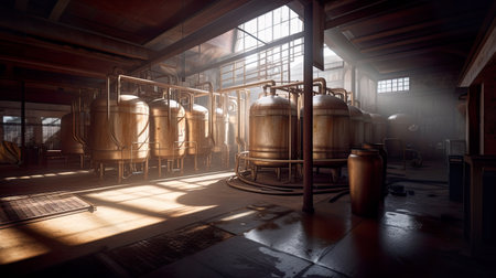 Abandoned, forgotten brewery, old damaged factory, daylight. AI generative industrial interior.の素材