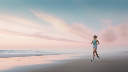 Young woman tourist in sports clothes is enjoying a leisurely run on the beach. The perfect summer day for jogging by the water, AI generative.の素材