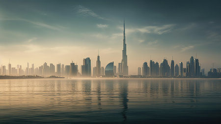 Dubai, UAE: The view of Dubais skyline from across the Persian Gulf, AI generativeの素材