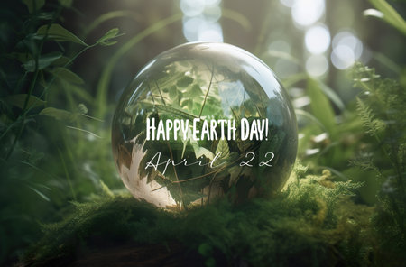 Earth Day April 22, beautiful reflections and magnified distorted leaves and trees in crystal glass ball in magnificent forest, AI generative imageの素材