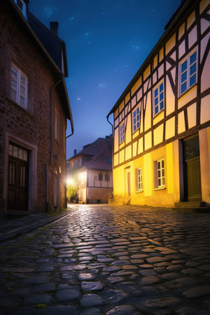 Historic German town at night with stars shining on cobbled street and half timbered ancient houses, AI generative realistic illustrationの素材