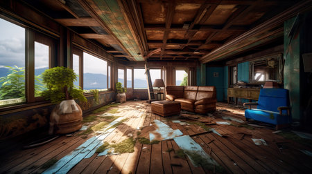 Old damaged resort interior, large room, exotic plants, forest around, daylight coming through broken roof and damaged vindows, AI generativeの素材