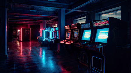 Empty video gaming room, 80s style arcade, neon, gaming mashines in a row, AI generativeの素材
